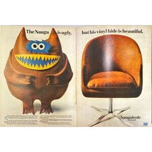 UniRoyal Naugahyde Vinyl Fabric 2 page w/ Nauga Monster Vintage Print Ad 1967
